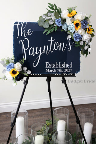 Wedding Sign Flowers that easily accent flowers to attach to a standing easle wedding sign to be used at ceremony or reception in sunflowers and blue