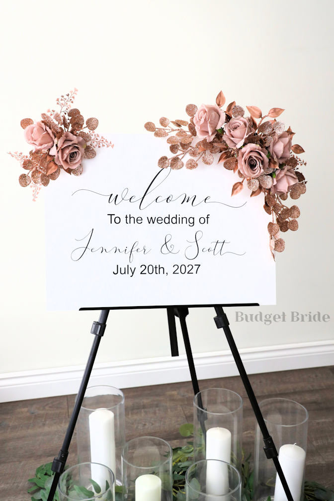 Wedding Sign Flowers that easily accent flowers to attach to a standing easle wedding sign to be used at ceremony or reception in mauve, dusty rose and rose gold glitter