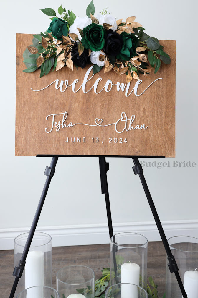 Wedding Sign Flowers that easily accent flowers to attach to a standing easle wedding sign to be used at ceremony or reception in green, black and gold