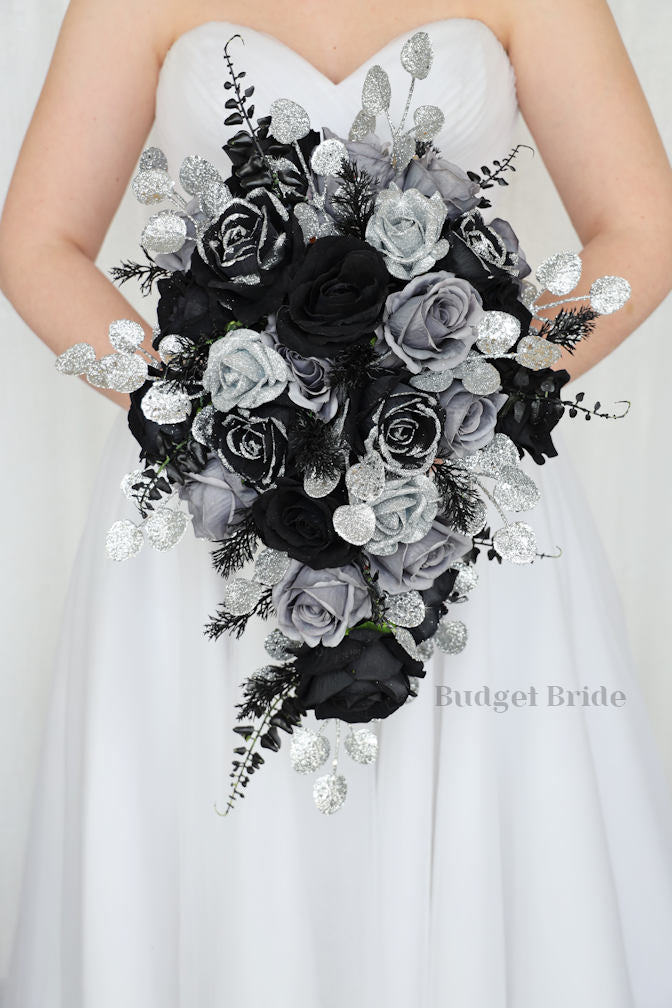 Black silver grey online and navy cascading bouquet, wedding flowers