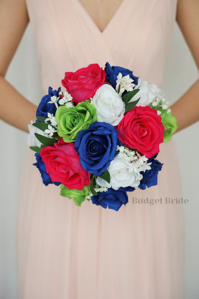 Silk Wedding Bouquet in Hot Pink and Royal Blue - $170.00