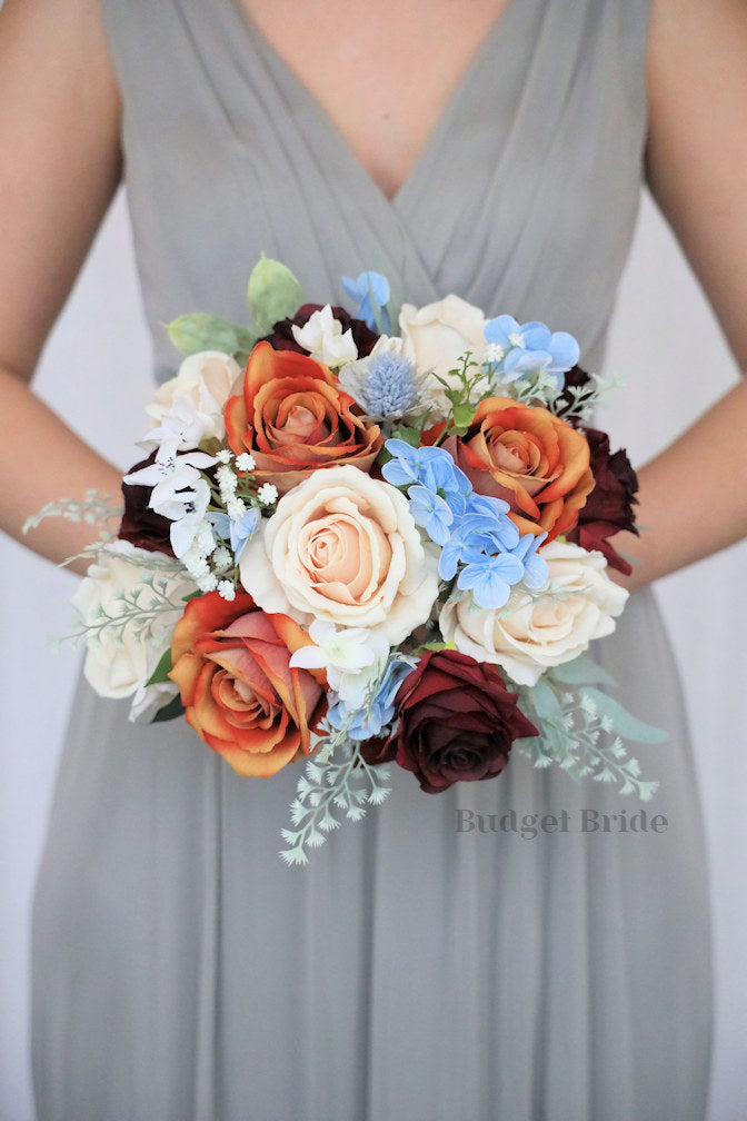 Silk Wedding Bouquet with Burnt Orange and Blue - $170.00