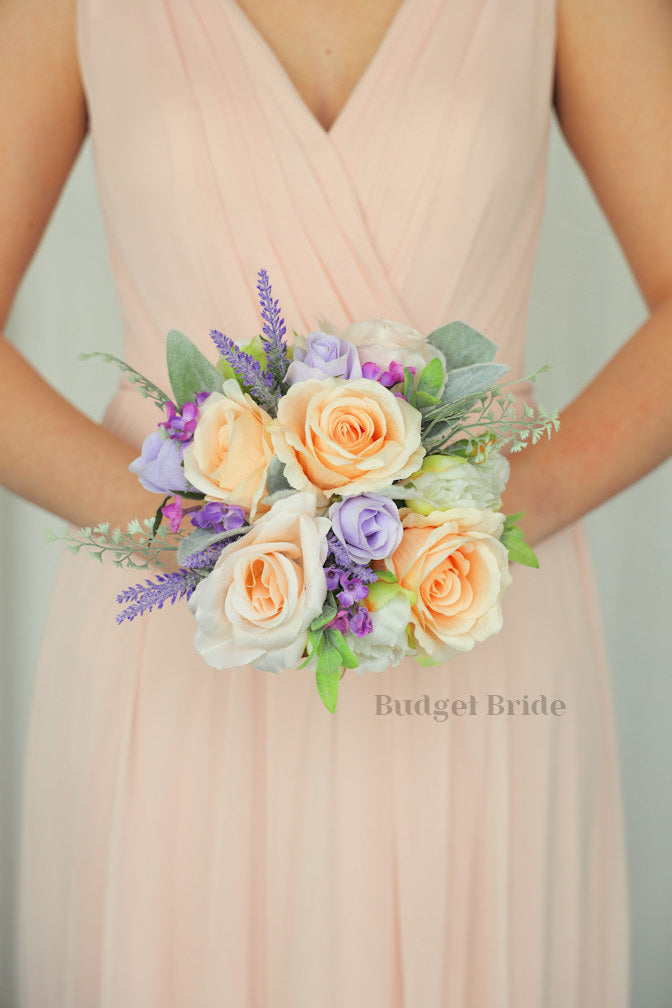 Silk Wedding Bouquet in Lavender and Peach - $170.00