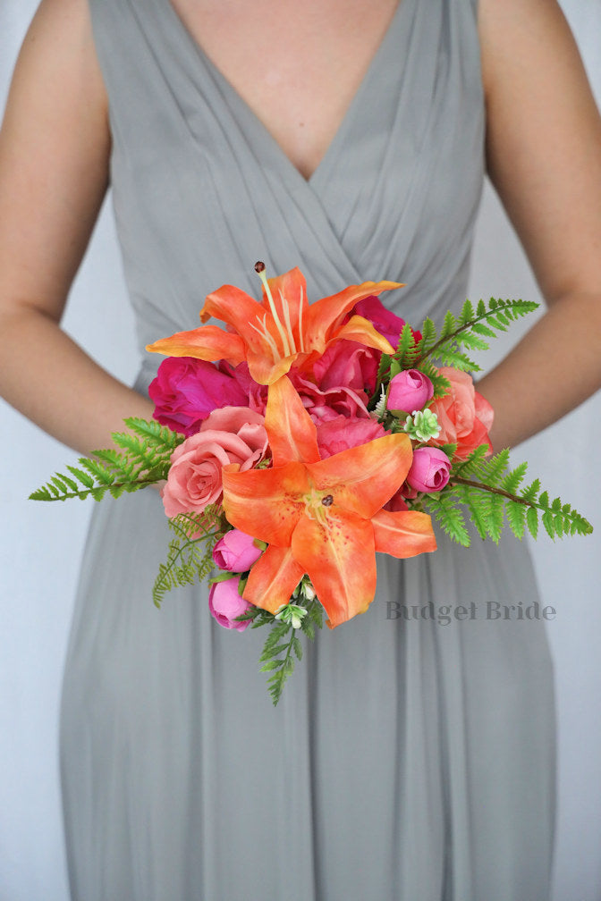 Tiger Lilies and Hot Pink Handmade Wedding Bouquet- $45.00