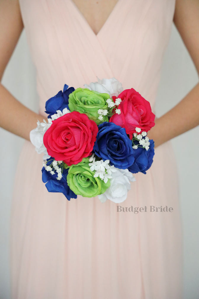 Silk Wedding Bouquet in Hot Pink and Royal Blue - $58.50