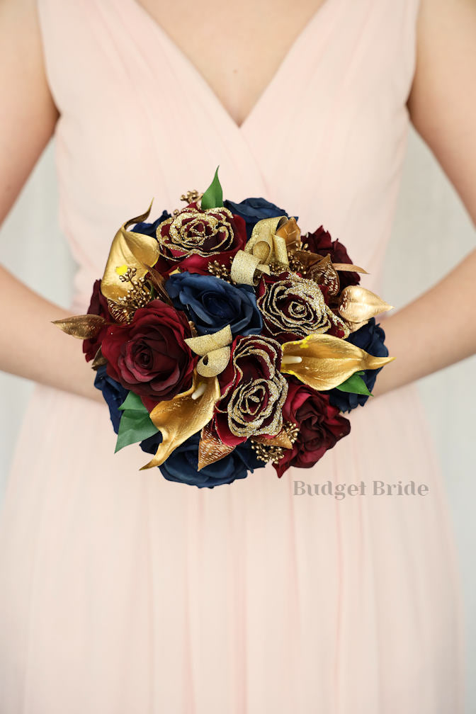 Silk Wedding Bouquet in Navy Blue and Gold - $65.00
