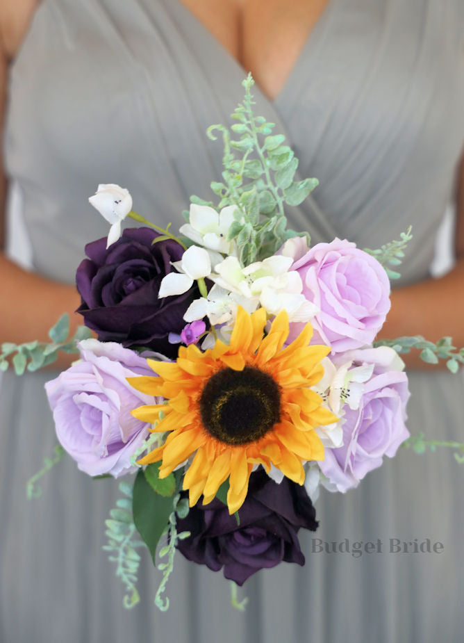 purple bridesmaid dresses with sunflowers Artificial Wedding Bouquet and Plum - $39.50 Groomsmen
