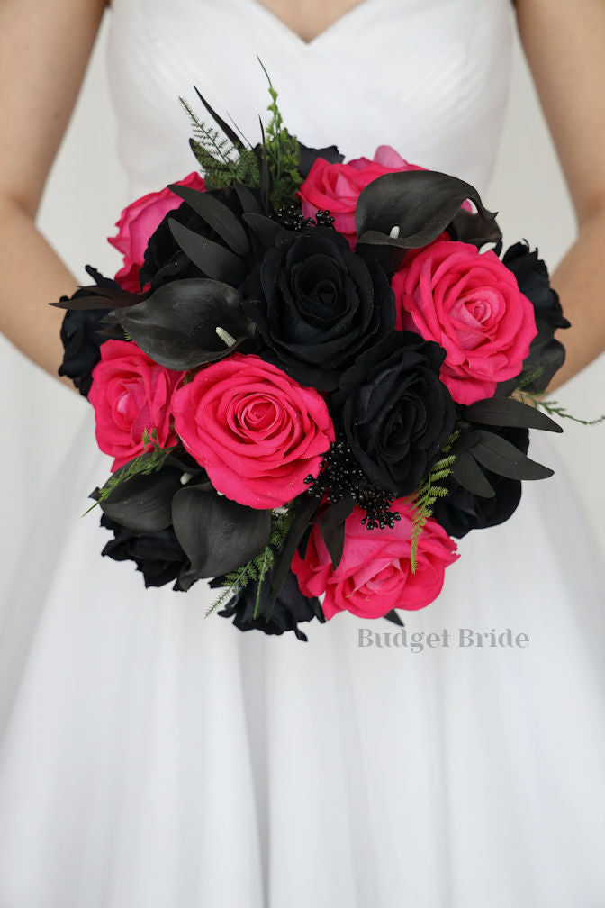 Hot Pink and Black Round Wedding Bouquet / Budget-Bride Hot Pink and Black Round Wedding Bouquet / Budget-Bride