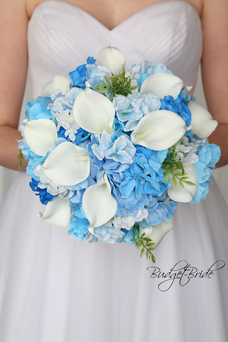 blue hydrangea and white calla lily bouquet Orion Collection #2019149