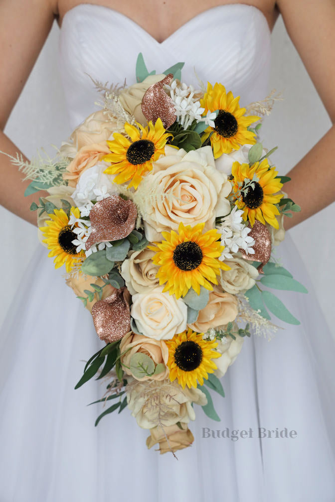 Rose Gold and Sunflower Cascading Wedding Bouquet – Budget-Bride