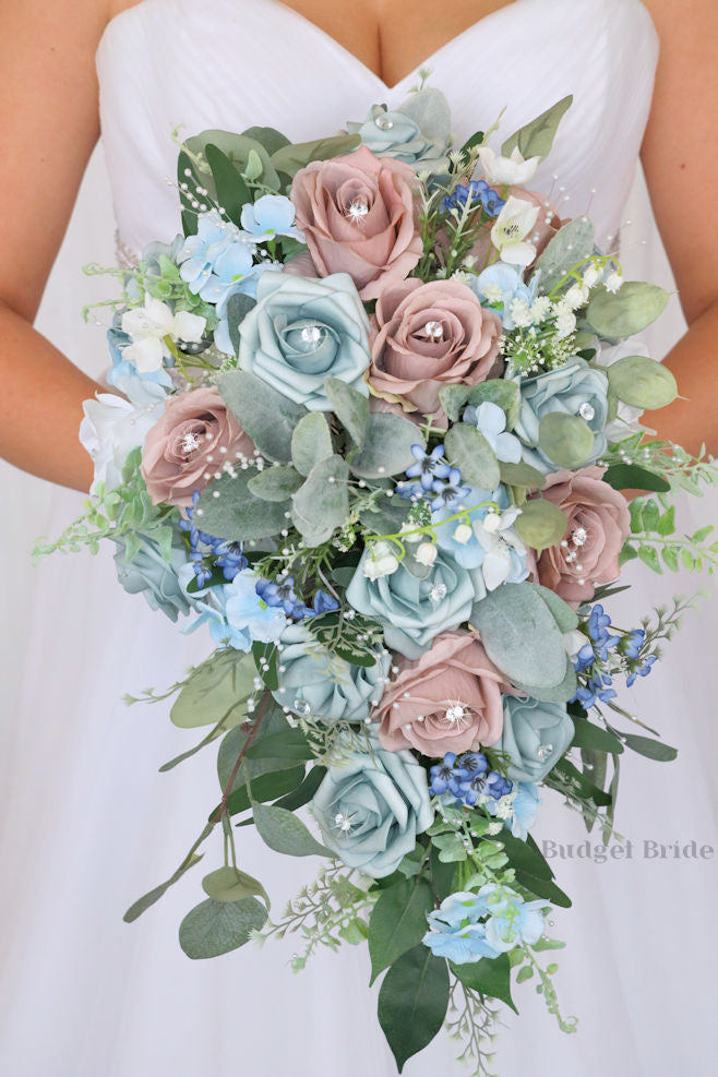 Kevin Cascading Bouquet Dusty Blue and Dusty Rose – Budget-Bride