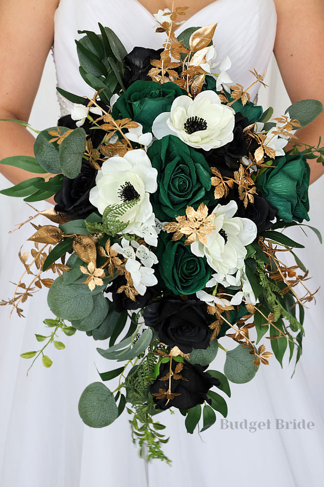 bouquet for emerald green dress Hunter Green Glam Wedding Bouquet, Emerald and Gold Wood Bouquet, Quinceneara Bouquet, Prom Bouquet, Winter Wedding, Christmas Bouquet