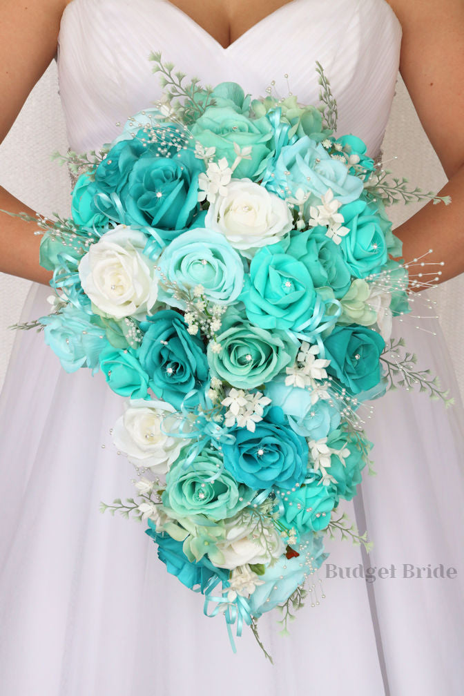 Ally Cascading Bouquet in Tiffany Blue and Teal / – Budget-Bride