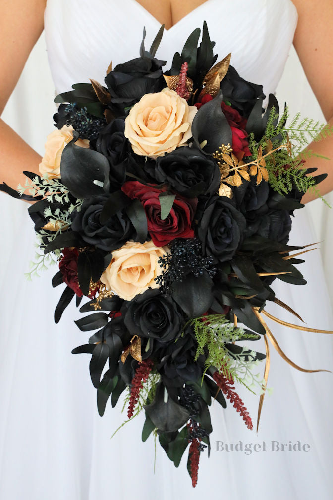 flower bouquet for black dress Black Bridesmaid Dresses & White Bouquets