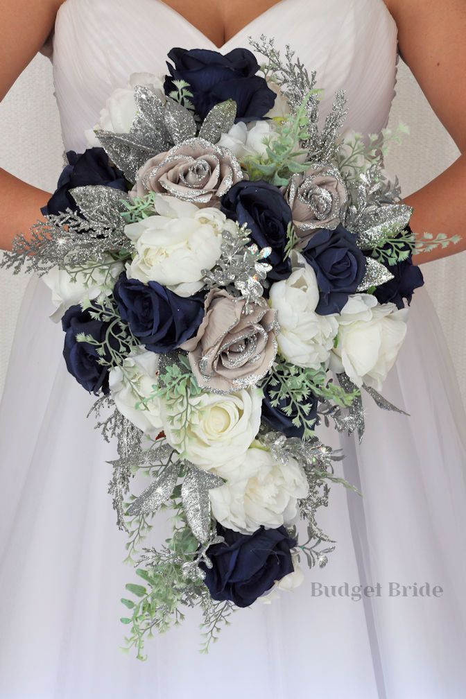 Navy Blue Silver White Rose Calla Lily Bridal Wedding Bouquet