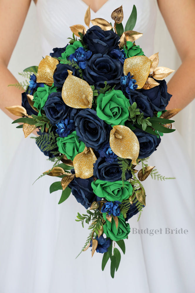 Navy Blue, Gold and Green Wedding Bouquet – Budget-Bride - Main Image