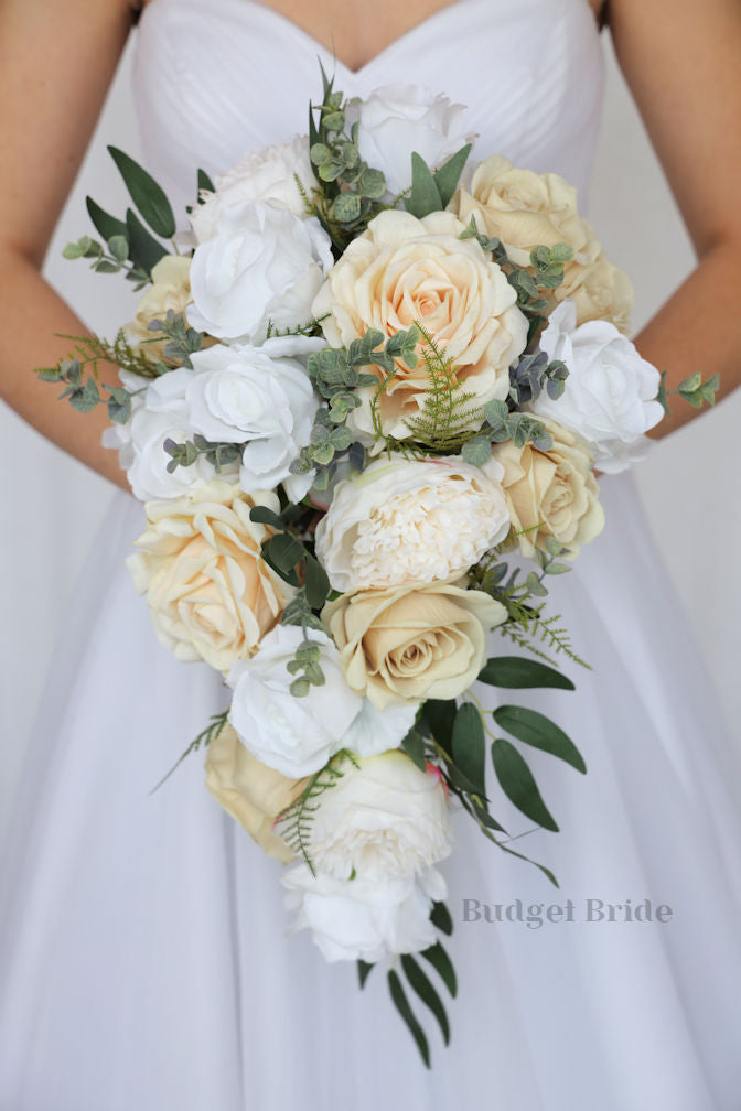 Silk hot wedding bouquet, Bridal white cream wedding flowers