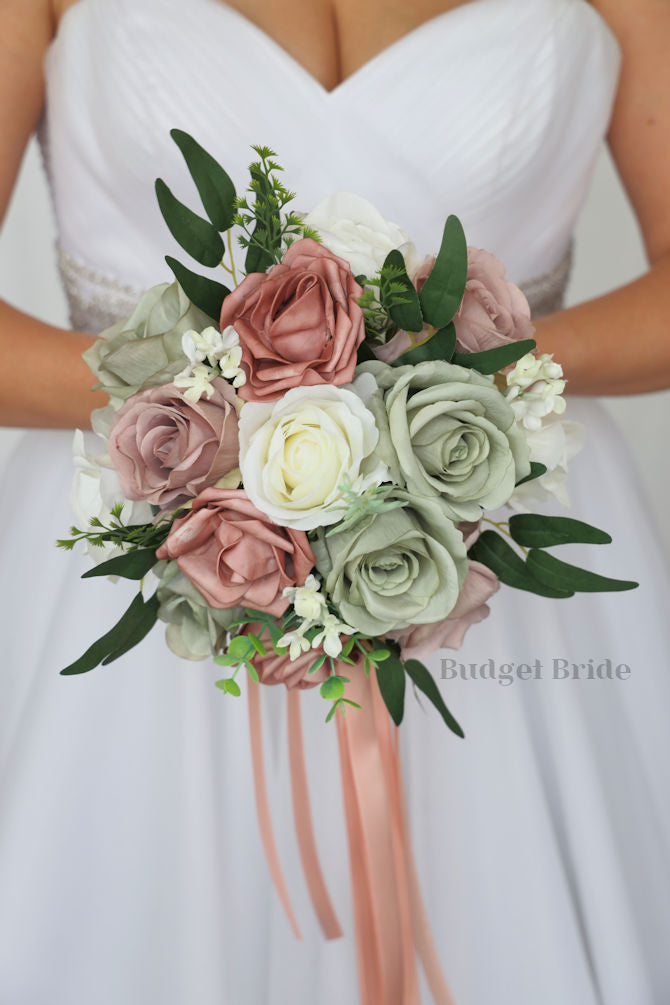 Roland Round Bouquet in Sage green and Dusty Rose - – Budget-Bride