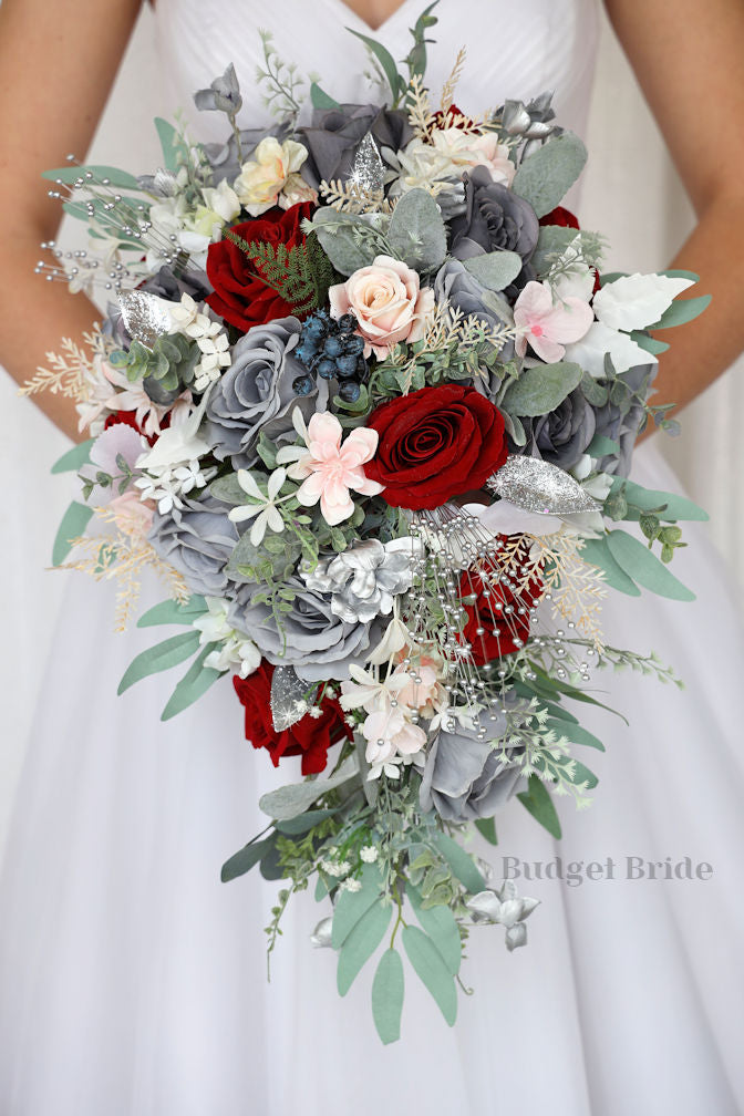 Gray and Red Wedding Bouquet with silver / Budget-Bride Gray and Red Wedding Bouquet with silver / Budget-Bride
