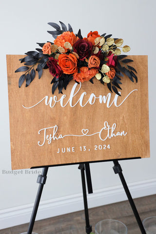 Wedding Sign Flowers that easily accent flowers to attach to a standing easle wedding sign to be used at ceremony or reception in burnt orange, terracotta, rust, burgundy and wine with gold glitter accents