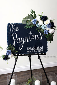 Wedding Sign Flowers that easily accent flowers to attach to a standing easle wedding sign to be used at ceremony or reception in navy blue and dusty blue