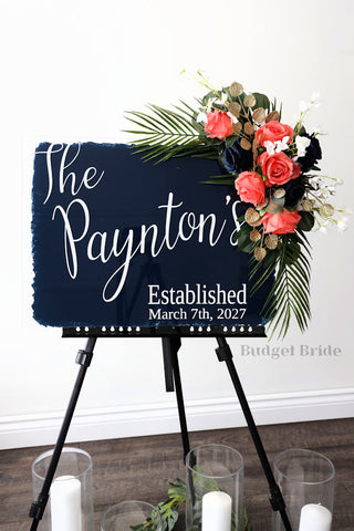 Wedding Sign Flowers that easily accent flowers to attach to a standing easle wedding sign to be used at ceremony or reception in navy blue, coral and gold for tropical beach theme wedding