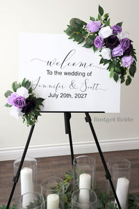 Wedding Sign Flowers that easily accent flowers to attach to a standing easle wedding sign to be used at ceremony or reception in plum and lavender