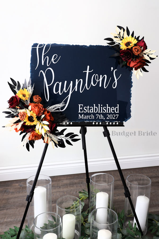 Wedding Sign Flowers that easily accent flowers to attach to a standing easle wedding sign to be used at ceremony or reception in terracotta, burnt orange, burgundy, wine, gothic and sunflowers