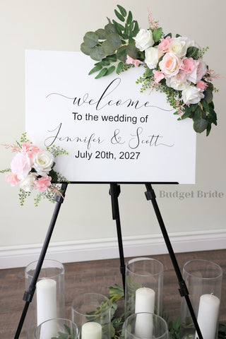 Wedding Sign Flowers that easily accent flowers to attach to a standing easle wedding sign to be used at ceremony or reception in pink
