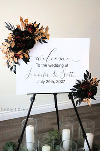 Wedding Sign Flowers that easily accent flowers to attach to a standing easle wedding sign to be used at ceremony or reception for gothic theme wedding with gold and black accents burgundy, wine and black roses