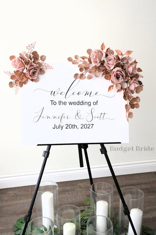 Wedding Sign Flowers that easily accent flowers to attach to a standing easle wedding sign to be used at ceremony or reception in mauve, dusty rose and rose gold glitter