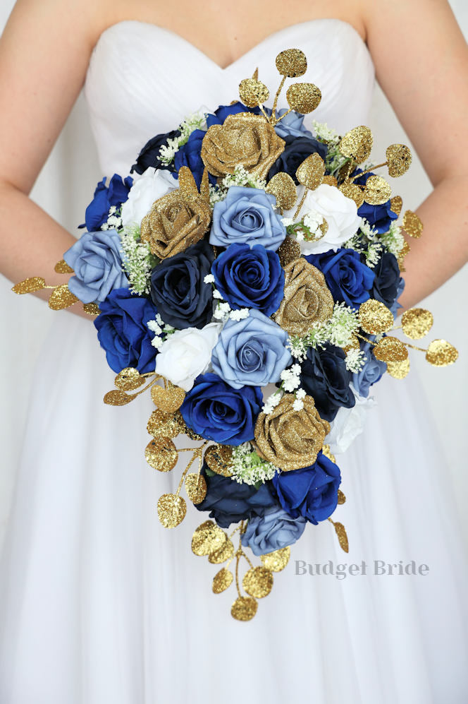 Ink blue, navy blue, royal blue and gold glitter roses with babies breath wedding flower brides bouquet with roses and peonies