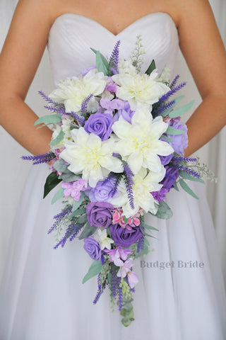 Wedding Bouquet with ivory dahlias,  lavender and wisteria roses and lavender fronds 