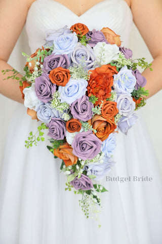 Terracotta, burnt orange and dusty lavender wedding flower brides bouquet with roses and peonies