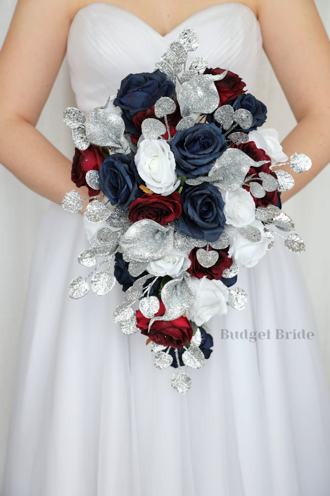 Burgundy, Navy blue and white cascading brides bouquet with silver glitter accents for formal wedding brides bouquet