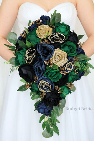 Dark green, navy blue and black roses with gold berries, and gold glitter roses with babies breath wedding flower brides bouquet with roses and peonies
