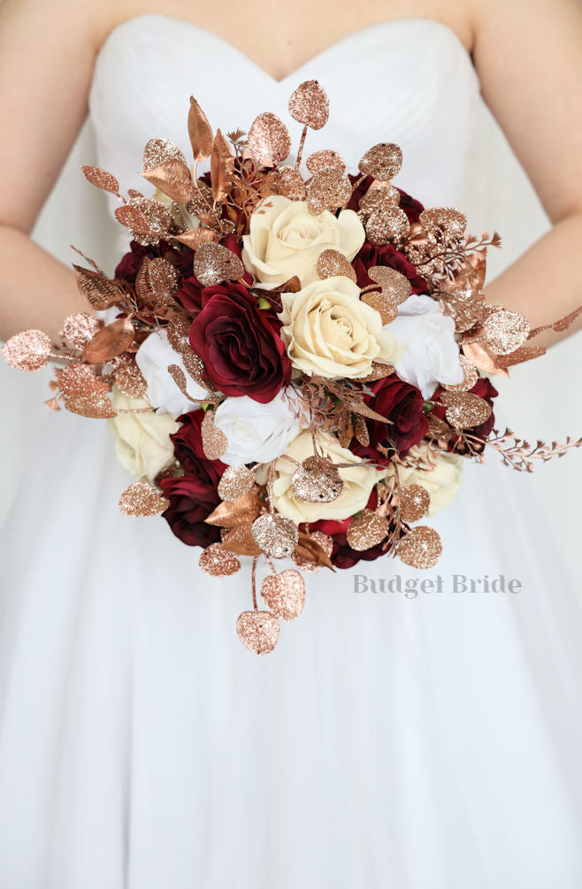 Rose gold glitter, burgundy, champagne and white rose brides bouquet with glitter accents