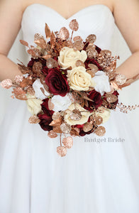 Rose gold glitter, burgundy, champagne and white rose brides bouquet with glitter accents