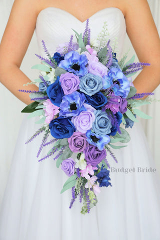 Brides Bouquet with lavender, royal blue, steel blue, wisteria with lavender fronds and anemones and sage greenery
