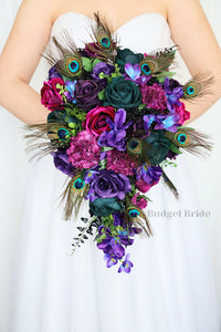 Jewel Tone wedding flower brides bouquet with purple, green and peacock feathers