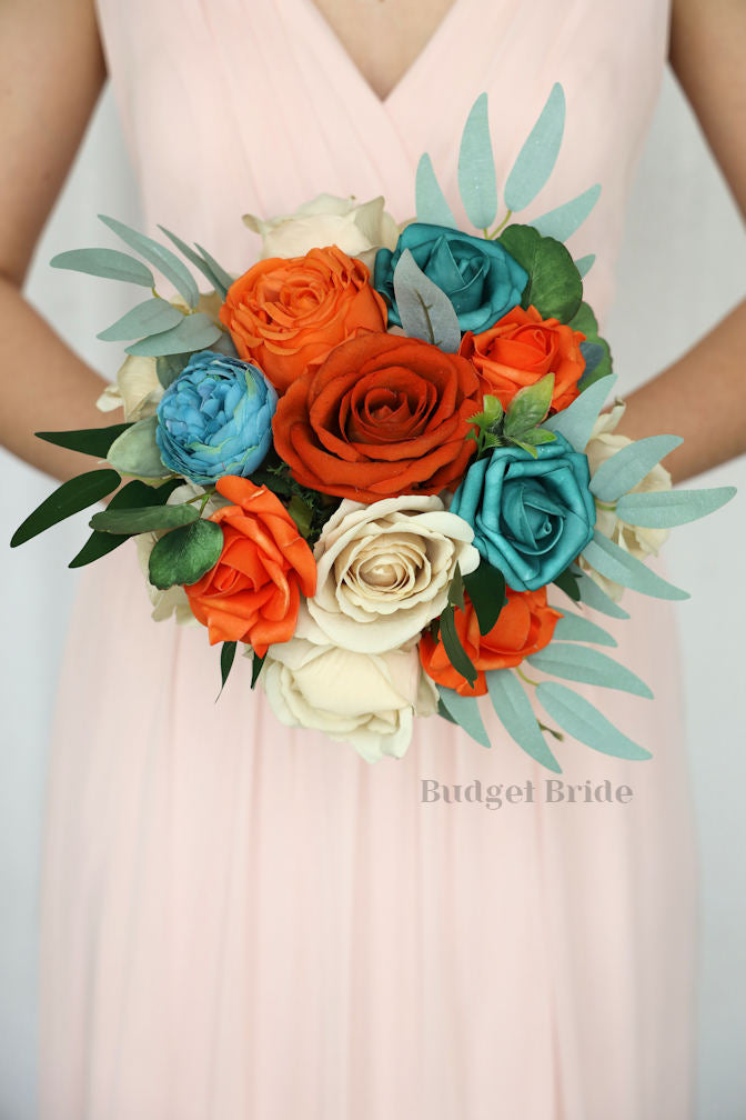 Silk Wedding Bouquet with Teal and Burnt Orange - $170.00
