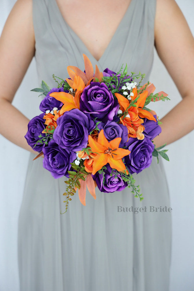 purple bridesmaid dresses with orange flowers purple and orange wedding bouquets | bridesmaids in purple dresses and orange  flowers