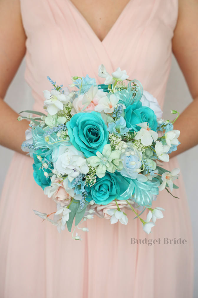 Silk Wedding Bouquet in Turquoise and Pink - $195.00