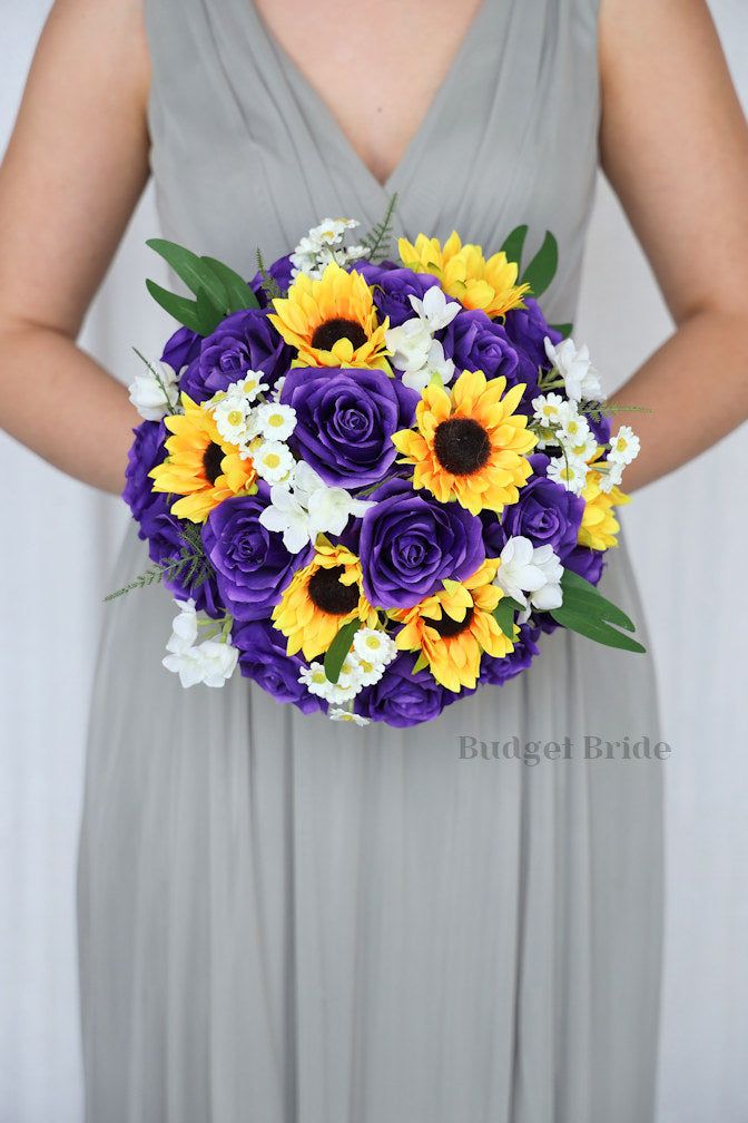 Faux Wedding Bouquet with Sunflowers and Purple - $39.50