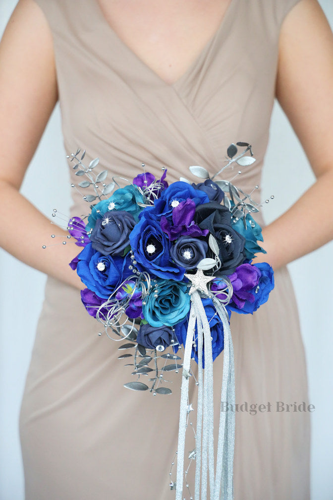 Artificial Wedding Bouquet Blue and Purple - $65.00
