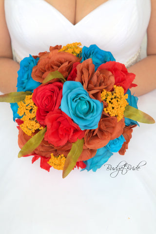 Fall silk flower wedding bouquet with turquoise