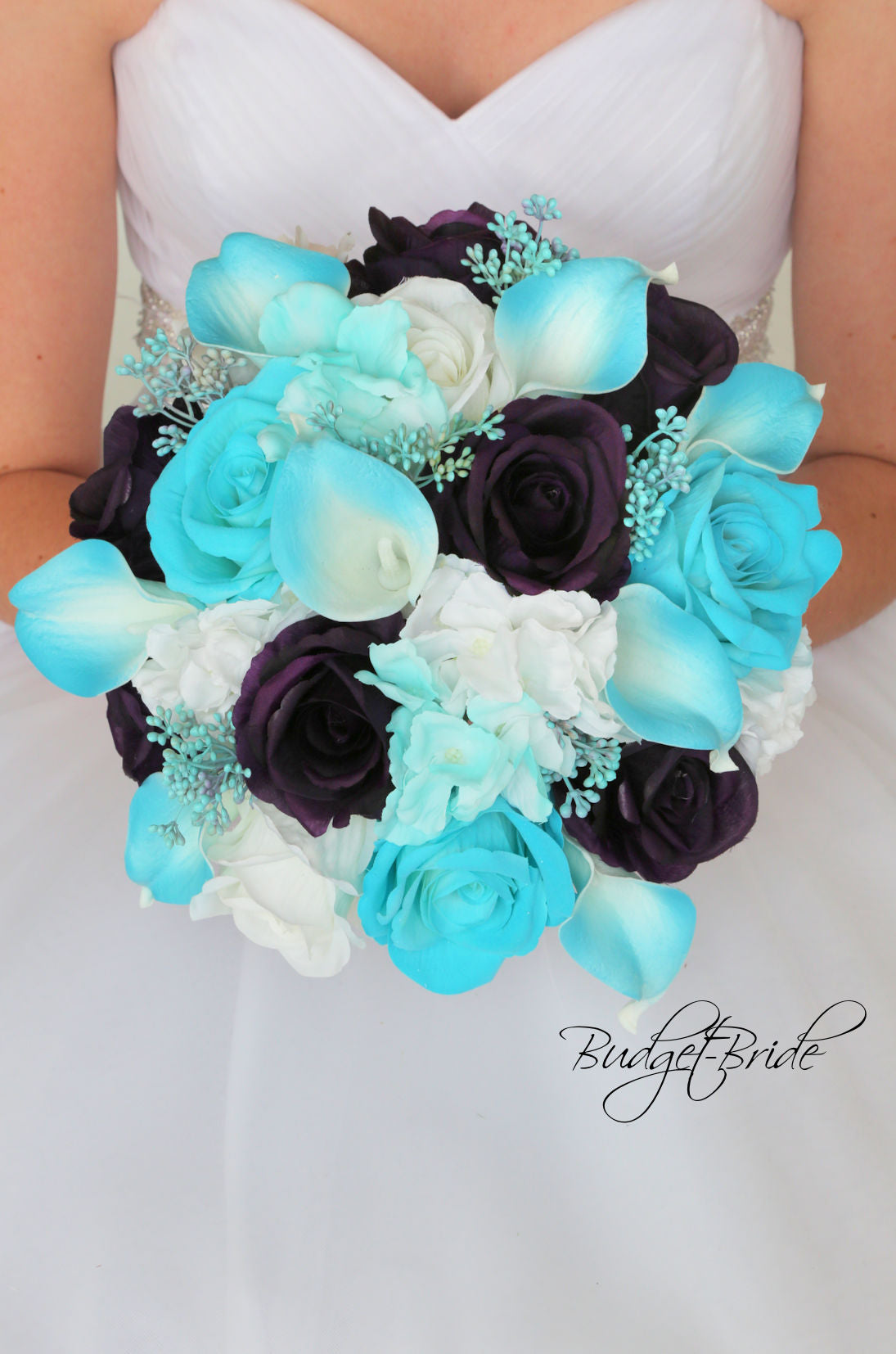 Tiffany blue and plum wedding flower brides bouquet wtih calla lilies