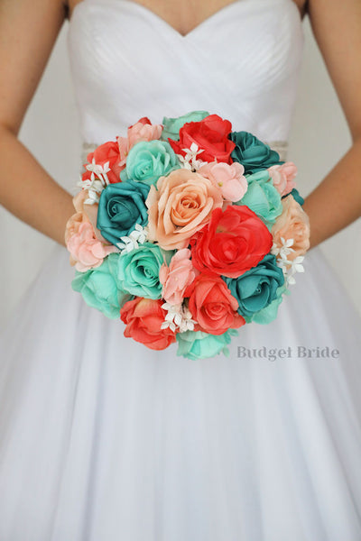Mint Green and Coral Wedding Bouquet / – Budget-Bride
