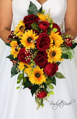 Sunflower and red rose brides bouquet with greenery and babies breath