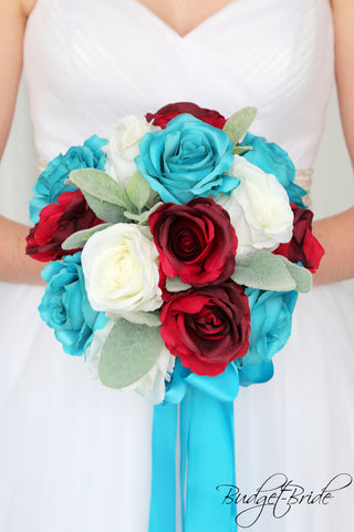 RED,TURQUOISE Bridesmaid, Red and Turquoise Wedding, Bridesmaid Bouquet ,Turquoise, Red Bridesmaid Bouquet, Custom store Order